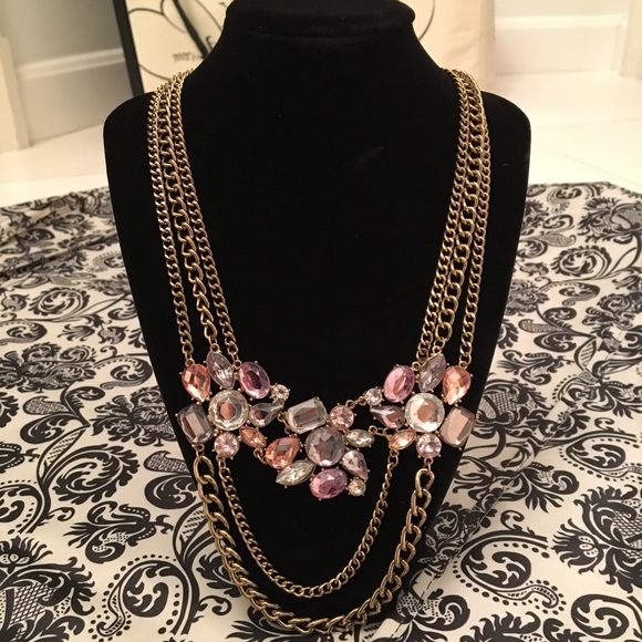 Pink lavender and gold Statement necklace multi chain - Picture 4 of 6